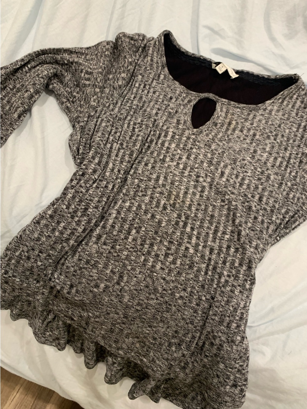 Neiman Marcus Heather Gray Keyhole Peplum Waffle-Knit Sweater